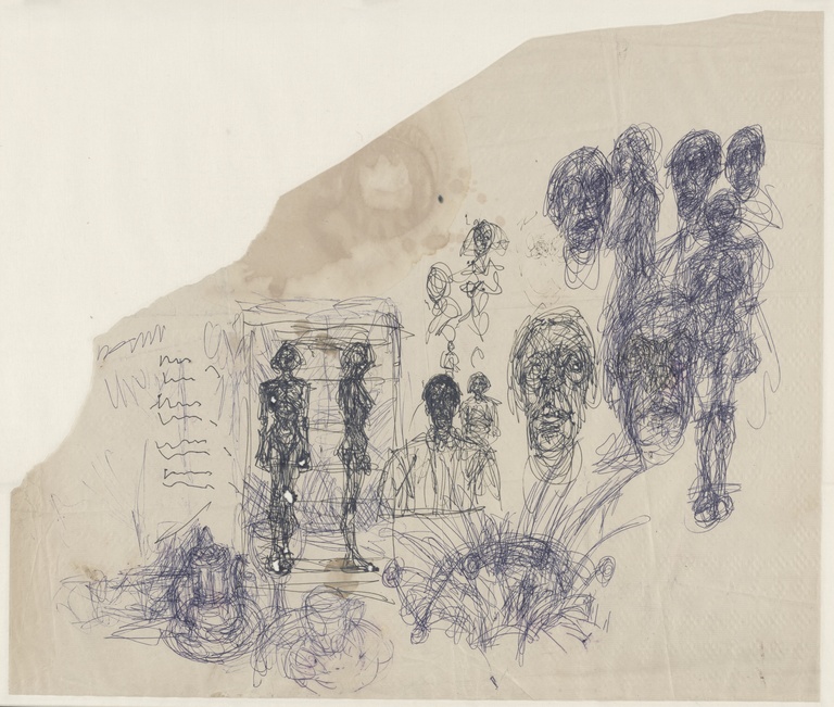 Fondation Giacometti -  Alberto Giacometti, Quatre femmes debout, cinq têtes, deux bustes, nature morte à la cafetière, graffitis, 1935-1965, stylo bille bleu, 46,90 x 55,00 cm, coll.Fondation Giacometti, Paris. 1994-1388
