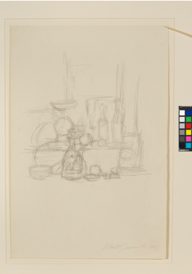 Fondation Giacometti -  [Dessin dans album 1963 chambres d'hôtel/ intérieurs/ portraits/ divers : Pommes, bouteilles et balance]