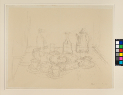 Fondation Giacometti -  Nature morte avec pot, tasses, fruits et carafe avec des verres