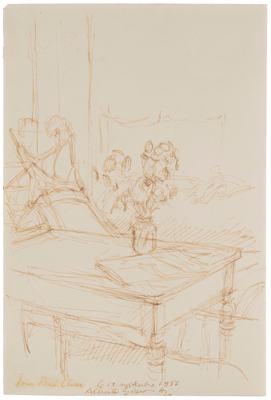 Fondation Giacometti -  Intérieur avec bouquet de fleur et journal sur une table de l'atelier a Stampa